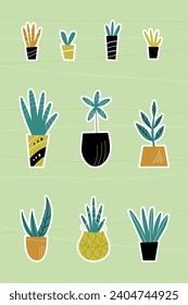 Set of vector home plants stickers. Flat illustration set on pink background