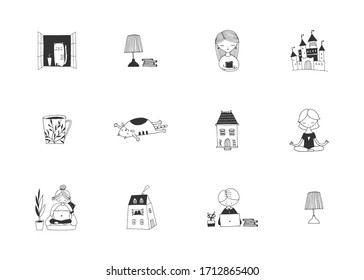 Set of vector home related illustrations. Isolated objects. Rest and work from home. Online education. A positive way of living at home.