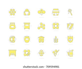 Set of vector honey line colored icons. Bee, honeycomb, barrel, beekeeper, dipper, jar, flower, beehive, pot, hexagon, beeswax, spoon and more. Editable Stroke.