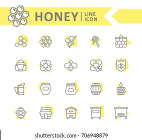 Set of vector honey line icons. Bee, honeycomb, barrel, beekeeper, dipper, jar, flower, beehive, pot, hexagon, beeswax, spoon and more. Editable Stroke.