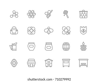 Set of vector honey line icons. Bee, honeycomb, barrel, beekeeper, dipper, jar, flower, beehive, pot, hexagon, beeswax, spoon and more. Editable Stroke.