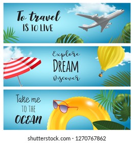 Set of vector horisontal summer travel banners with colored ballon, inflatable ring, plane and palm leaves.