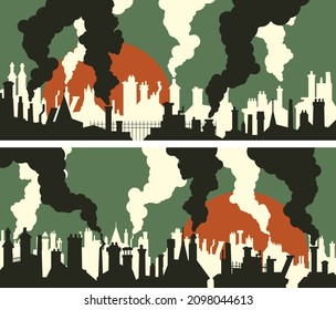 Set of vector horizontal abstract banners of old historic city roofs with chimney flues and smoke.
