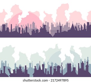 Conjunto de banderas vectoriales abstractas de la parte histórica antigua de los tejados de la ciudad con chimeneas y humo.