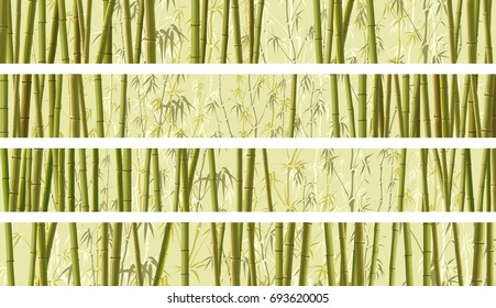 Set of vector horizontal banner with many trunks bamboos tree in green color.