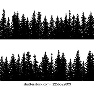 Set of vector horizontal banner silhouettes of coniferous treetops forest (spruce,fir, fir-tree).