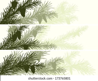 Set vector horizontal banner of spruce branch with cones in green tone.