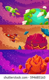 Set of vector horizontal banners with cartoon fantasy of alien planets