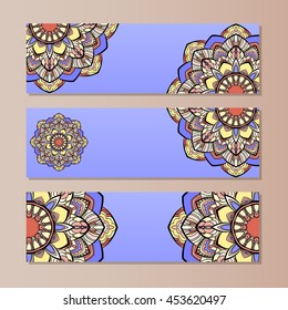 set vector horizontal banners with colorful mandala. The national collection of headers for the site. Islam, Arabic, Indian, ottoman motifs. Oriental colorful mandala.