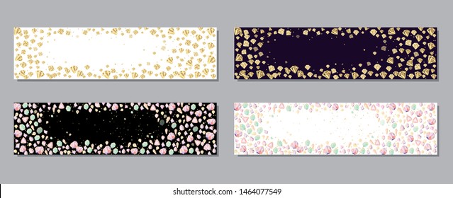 Set of vector horizontal banners or flyers with Pink, purple, golden, violet, turquoise crystals or gems - background with precious stones, diamonds, quartz - for website headers or jewelry store