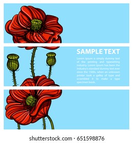 Set of vector horizontal banners with hand drawn red poppies on blue background.