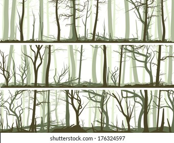 Set vector horizontal banners with many tree trunks (coniferous,deadwood and deciduous forest).