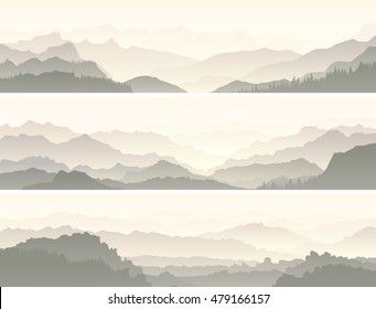Set vector horizontal banners of mountain range with coniferous forest hills.