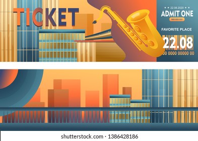 Set of vector horizontal banners, musical theme, jazz on city streets, two sides isolated