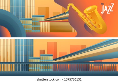 Set of vector horizontal banners, musical theme, jazz on city streets, two sides isolated