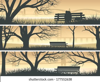 Set vector horizontal banners trees, meadow and bench overlooking the bay bridge at sunset.