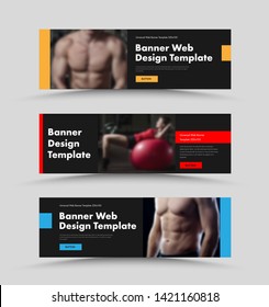 Set of vector horizontal black web banners with place for photo and color design elements and buttons. Templates are standard size. Sport theme