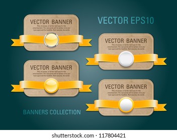 A set of vector horizontal cardboard paper promo banners decorated with yellow ribbons and various buttons / seals