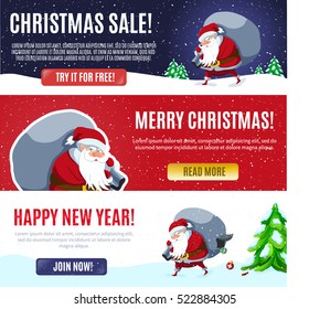 Set of vector horizontal christmas banners with Santa Claus holding a big sack with gifts. New Year or Christmas illustration, Could be used for flyer, banner, poster, advertising, blog or web design.