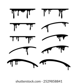 Set vector horizontal and curve line stroke melting and with drip for design decoration