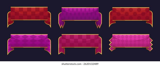 Set of vector horizontal flags. Flag template with golden frame, fabric, simple geometric pattern, heraldic elements. Header or button, banner stretch for advertising, competitions, congratulations.