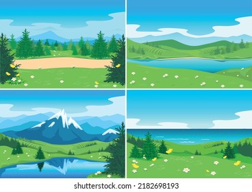 Conjunto de ilustraciones vectoriales horizontales de la hermosa naturaleza. Paisajes de verano con montañas, ríos, lagos, prados y árboles floridos.