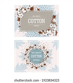 Set von Vektorgrafiken mit Baumwollzwirnchen und Blättern. Banner für die Werbung für Textilien und Verpackungen von Produkten aus natürlichen Stoffen. Qualitäts-Textiletiketten