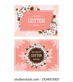 Set of vector horizontal illustrations with cotton twigs and leaves. Banners for advertising textiles and packaging of products from natural fabrics. Premium quality textile labels