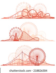 Set vector horizontal lines of red silhouettes roller-coaster and Ferris Wheel from amusement park.