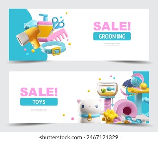 A set of vector horizontal posters with 3d elements of a grooming sale and pet toys: a white cat and a toys for cats, as well as everything for pet grooming