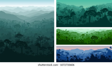 set of vector horizontal seamless tropical rainforest Jungle backgrounds