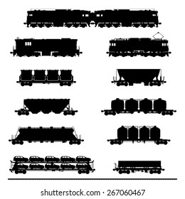 Set vector horizontal silhouettes of  locomotives with different wagons.