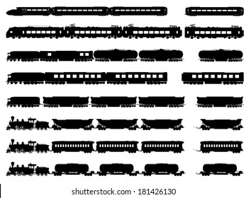 Set vector horizontal silhouettes of trains, locomotives with different wagons.
