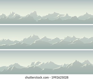 Set of vector horizontal simple banners with snowy mountain ranges.