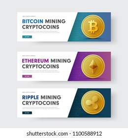 Set of vector horizontal web banners with a diagonal and with a gold coin crypto currency ripple, bitcoin and Ethereum. Templates of blue, white and purple.