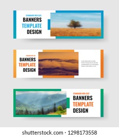 Set of vector horizontal  web banners with rectangle for photo and color design elements. 
White templates are standard size.