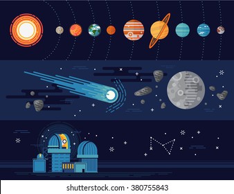 Set of vector horizontal web banners templates on astronomy science and education. Solar system planets, celestial bodies with Sun, Earth and more. Planetarium, galaxy exploration items in flat design