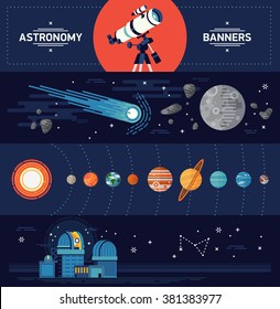 Set of vector horizontal web banners templates on astronomy science and education. Solar system planets, celestial bodies with Sun, Earth and more. Planetarium, galaxy exploration items in flat design