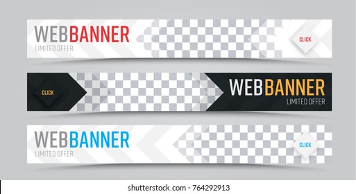 Set of vector horizontal web banners with place for photo. Web template in standard size black and white with arrows.