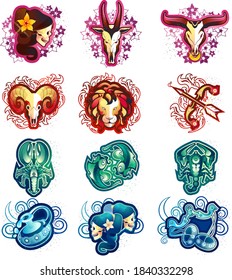 Set of vector horoscope icons of the signs of the zodiac in the gothic style with skulls on a white background