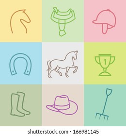 Set of vector horse equipment icons on multicolored background