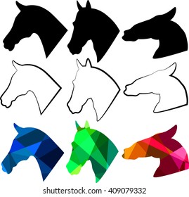 Set of vector horse heads illustrations:silhouettes, line arts, polygonal