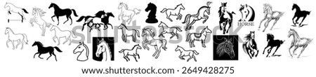 Set of vector horse icons, silhouettes, and drawings in motion for equestrian themes, circus posters, tshirt prints, children’s books, logos, and interior decoration
