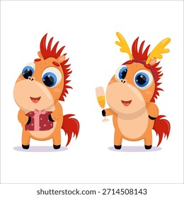 Conjunto de ilustraciones de caballos de Vector. Año Nuevo, Navidades, feriado, 2026, Caballo, Año Nuevo chino, Horóscopo.