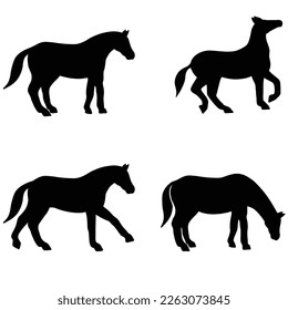 Set of Vector Horse silhouette isolated on white background. Horse eating grass, jump, walking. Hand drawn Illustration style.