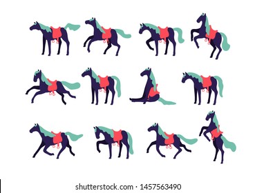 Set of vector horses isolated on white background. Collection of purebred thoroughbred horses in flat modern style. Vector animals 