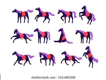 Set of vector horses isolated on white background. Collection of purebred thoroughbred horses in flat modern style.