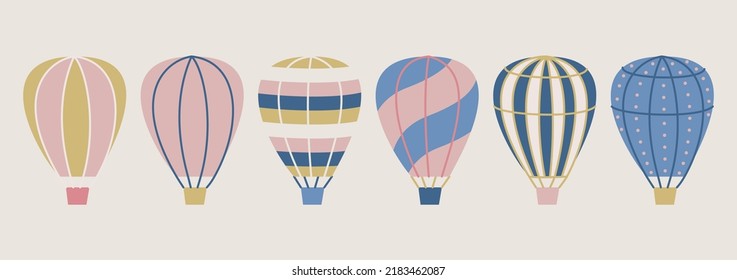 Set of vector hot air balloon illustrations. Collection of multicolor stylish airship icons.