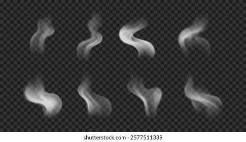 Set of vector hot steam, vapor, smoke on transparent backdrop. Realistic wavy fog on hot food, drinks, bbq