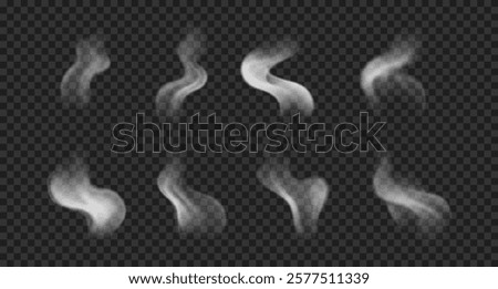 Set of vector hot steam, vapor, smoke on transparent backdrop. Realistic wavy fog on hot food, drinks, bbq
